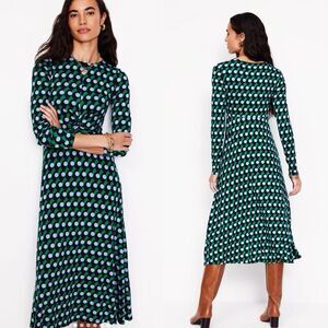 Boden Twisted Waist Jersey Maxi Dress Navy Green Polka Dot Wave Sz 4R Whimsigoth